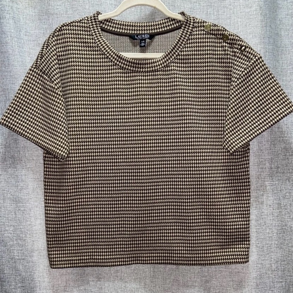 Lauren Ralph Lauren Black Label Houndstooth Print Double-Knit Jacquard Top Sz L
